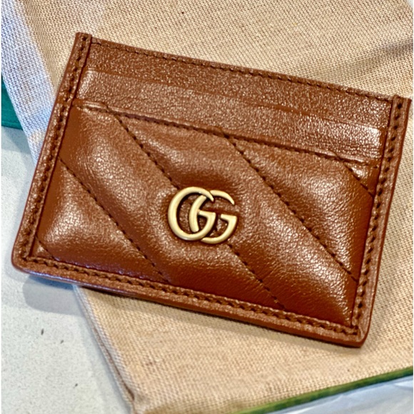 New Authentic Gucci Marmont Brown Matellase Chevron Leather Cardholder - Picture 4 of 11